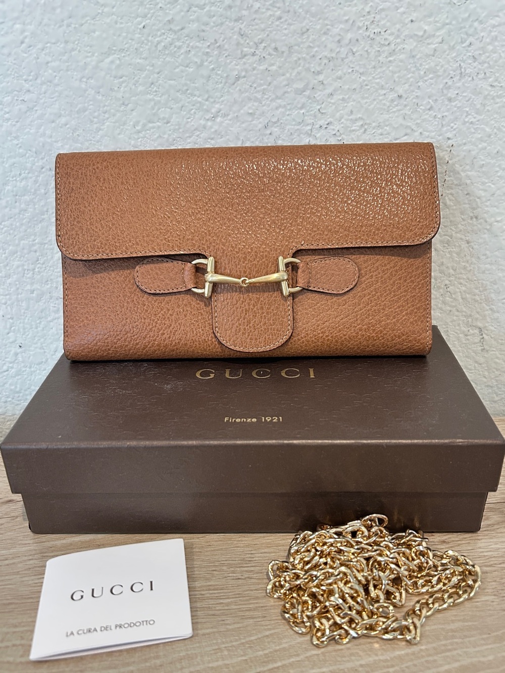 Gucci Leather Antique Long Bit Brown Trifold Wallet with Box